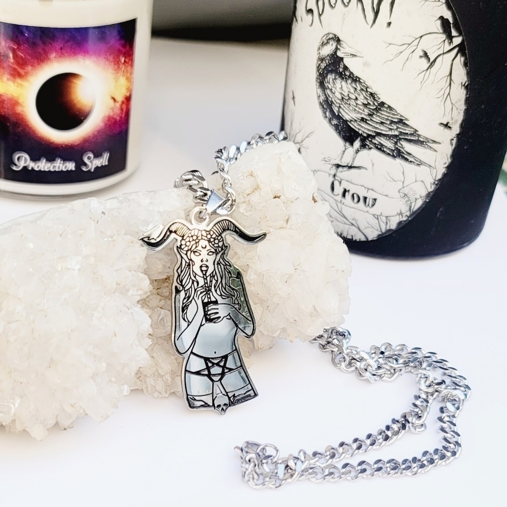 Goat‑Horned Occult Pendant Necklace ✦ Stainless Steel Chalice Pentagram ✦ 23½"